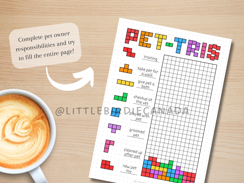 May include: A printable pet owner checklist in the style of Tetris. The checklist includes tasks like training, taking the pet for a walk, giving the pet a bath, and more. The checklist is designed to be filled in by coloring in the squares with different colors.