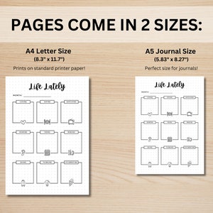 K&ouml;nnte beinhalten: Zwei druckbare Seiten f&uuml;r ein "Life Lately"-Journal. Die Seiten sind f&uuml;r das Standard-Briefformat (8,3 Zoll mal 11,7 Zoll) und das A5-Journalformat (5,83 Zoll mal 8,27 Zoll) konzipiert. Jede Seite hat ein Raster mit neun K&auml;stchen mit Aufforderungen f&uuml;r Aktivit&auml;ten wie "lieben", "essen", "schauen", "lesen", "machen", "erstellen", "gehen", "denken" und "feiern".