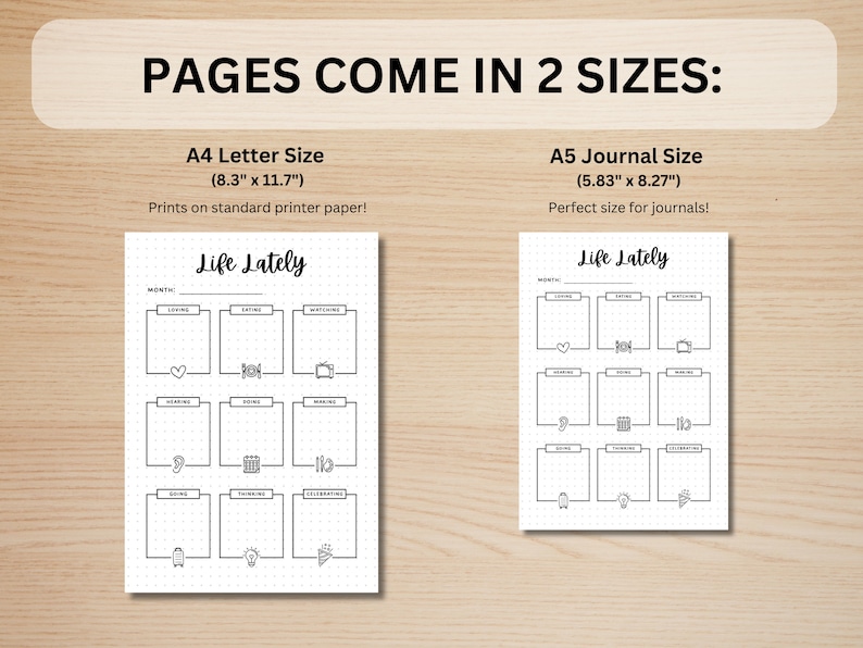 K&ouml;nnte beinhalten: Zwei druckbare Seiten f&uuml;r ein "Life Lately"-Journal. Die Seiten sind f&uuml;r das Standard-Briefformat (8,3 Zoll mal 11,7 Zoll) und das A5-Journalformat (5,83 Zoll mal 8,27 Zoll) konzipiert. Jede Seite hat ein Raster mit neun K&auml;stchen mit Aufforderungen f&uuml;r Aktivit&auml;ten wie "lieben", "essen", "schauen", "lesen", "machen", "erstellen", "gehen", "denken" und "feiern".