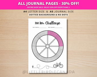 100 KM Biking Challenge - PRINTABLE Journal Page - Printable Cycling Challenge - Bike Tracker - 100 Kilometres - Fitness Challenge