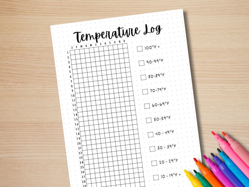 May include: A printable temperature log with a grid for tracking daily temperatures throughout the year. The log is divided into 12 months and includes temperature ranges from 10-19&deg;F to 100&deg;F and above.