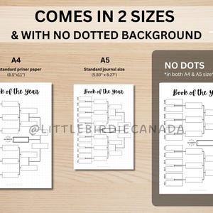 May include: Three white paper templates with the text "Book of the year" and a bracket design. The templates are in A4 (8.5"x11") and A5 (5.83" x 8.27") sizes, with the text "COMES IN 2 SIZES & WITH NO DOTTED BACKGROUND".