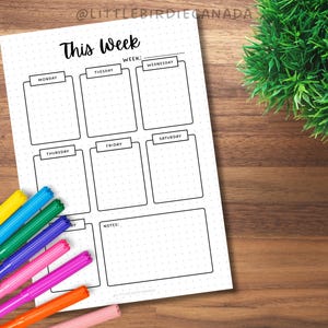 May include: A printable weekly planner with a black and white design. The planner has a section for each day of the week, Monday through Saturday, and a notes section. The text "This Week" is at the top of the page.