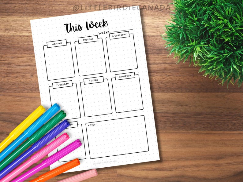 May include: A printable weekly planner with a black and white design. The planner has a section for each day of the week, Monday through Saturday, and a notes section. The text "This Week" is at the top of the page.