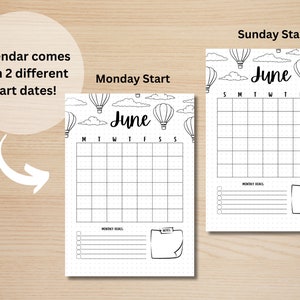May include: Two printable June calendar pages with hot air balloon illustrations. The first page has a Monday start date and the second page has a Sunday start date. Both pages include space for monthly goals and notes.