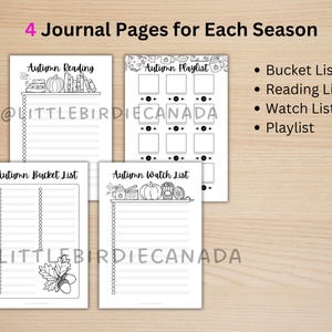 May include: Four black and white printable journal pages with autumn themes. The pages include headers for Autumn Reading, Autumn Playlist, Autumn Bucket List, and Autumn Watch List, featuring line art illustrations of pumpkins, books, and leaves.