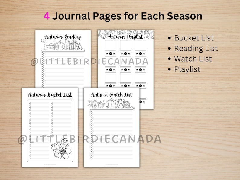 May include: Four black and white printable journal pages with autumn themes. The pages include headers for Autumn Reading, Autumn Playlist, Autumn Bucket List, and Autumn Watch List, featuring line art illustrations of pumpkins, books, and leaves.
