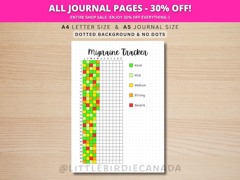 Migraine Tracker - PRINTABLE Journal Page - Planner Page - Headache Tracker - Health Tracker - Health Journal - Health Log - Migraine Log image 1