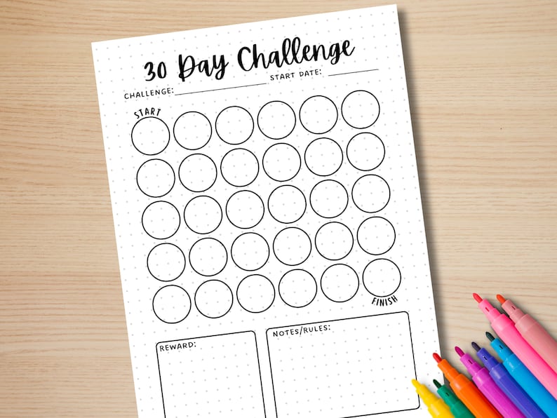 Pode incluir: Um rastreador de desafio de 30 dias imprim&iacute;vel com 30 c&iacute;rculos para colorir. O rastreador tem se&ccedil;&otilde;es para o nome do desafio, a data de in&iacute;cio, a recompensa e as notas ou regras.