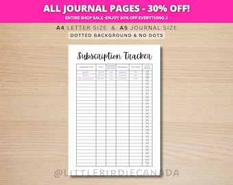 Subscription Tracker - PRINTABLE Journal Page - Planner Page - Expense Tracker - Bill Tracker - Bill Payment Tracker - Track Subscriptions
