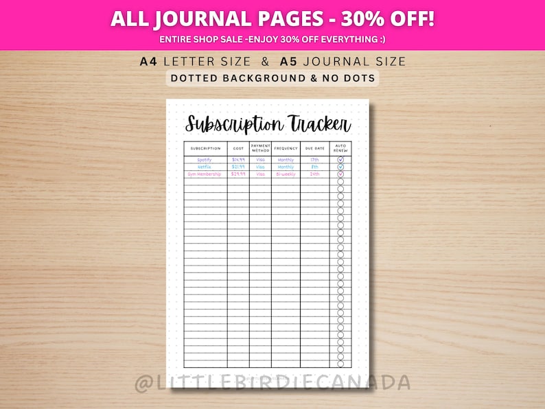 Subscription Tracker - PRINTABLE Journal Page - Planner Page - Expense Tracker - Bill Tracker - Bill Payment Tracker - Track Subscriptions image 1