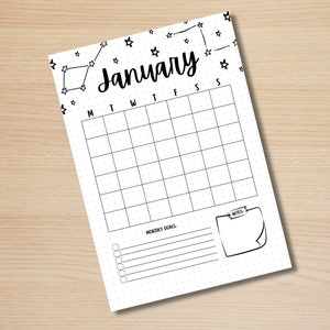 May include: A printable January calendar with a constellation design. The calendar has a grid for each day of the month and a section for monthly goals and notes.
