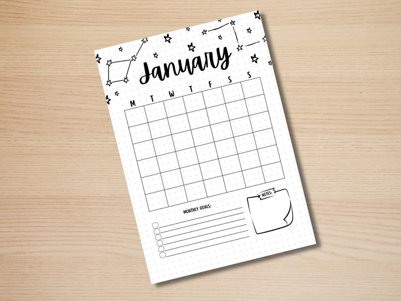 May include: A printable January calendar with a constellation design. The calendar has a grid for each day of the month and a section for monthly goals and notes.