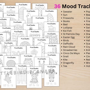 May include: A collection of 36 black and white printable mood tracker sheets featuring various line art designs like sweaters, animals, and seasonal themes. Each page is labeled Mood Tracker with a list of themes provided on the right side.