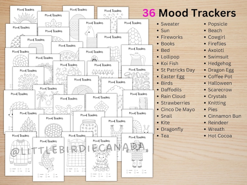 May include: A collection of 36 black and white printable mood tracker sheets featuring various line art designs like sweaters, animals, and seasonal themes. Each page is labeled Mood Tracker with a list of themes provided on the right side.