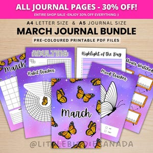 March Journal Bundle - Butterflies - PRINTABLE Journal Pages - PRE-COLOURED Pages - March Planner - March Agenda - Printable Planner image 1