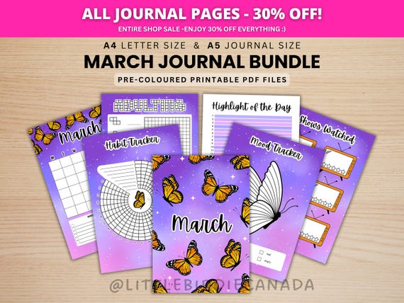 March Journal Bundle - Butterflies - PRINTABLE Journal Pages - PRE-COLOURED Pages - March Planner - March Agenda - Printable Planner