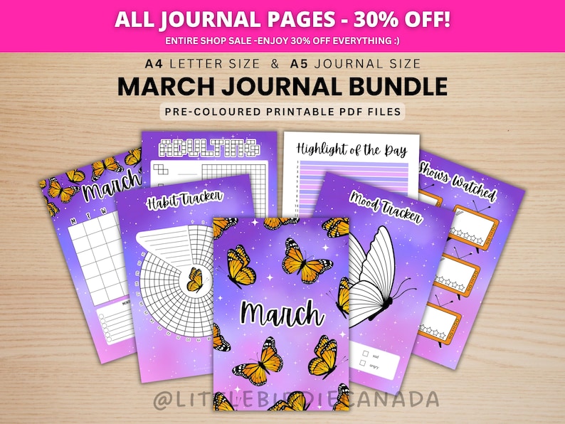 March Journal Bundle - Butterflies - PRINTABLE Journal Pages - PRE-COLOURED Pages - March Planner - March Agenda - Printable Planner image 1