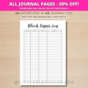 Blood Sugar Log - PRINTABLE Journal Page - Diabetes Tracker - Blood Sugar Tracker - Diabetes Log - Health Tracker - Monitor Diabetes Page