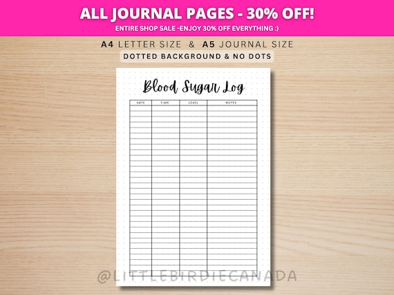 Blood Sugar Log - PRINTABLE Journal Page - Diabetes Tracker - Blood Sugar Tracker - Diabetes Log - Health Tracker - Monitor Diabetes Page