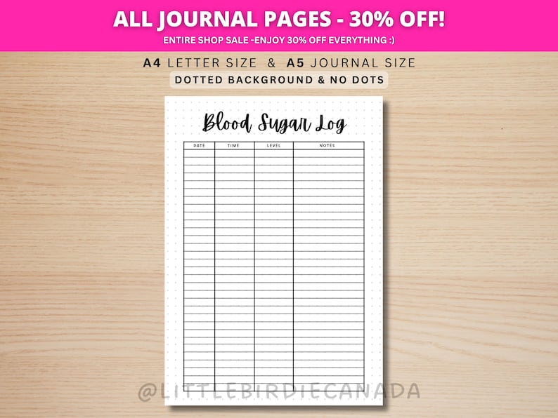 Blood Sugar Log - PRINTABLE Journal Page - Diabetes Tracker - Blood Sugar Tracker - Diabetes Log - Health Tracker - Monitor Diabetes Page image 1