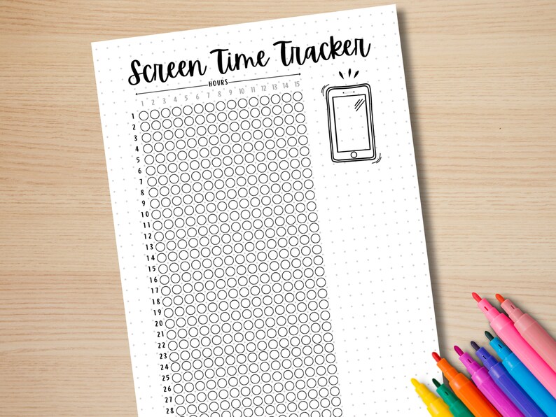 May include: A printable screen time tracker with a black and white design. The tracker has a grid of circles for each hour of the day, with numbers 1 through 28 listed on the left side. The text "Screen Time Tracker" is at the top of the page, with the word "HOURS" written below it. A simple black and white drawing of a smartphone is in the upper right corner.
