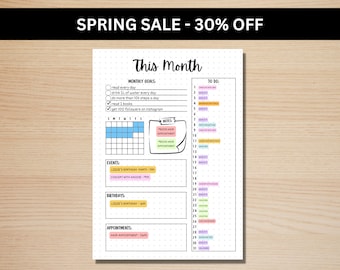 Monthly Planner - Monthly Calendar - A5 Journal Page - PRINTABLE Planner - Month At A Glance - Monthly Journal Page - Monthly To Do List