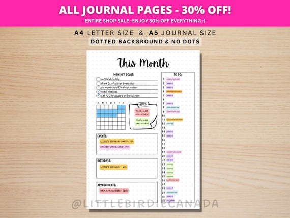 Monthly Planner - Monthly Calendar -PRINTABLE Journal Page - Planner Page - Month At A Glance - Monthly Journal Page - Monthly To Do List