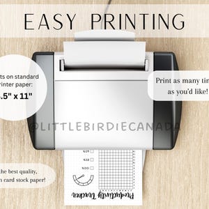 May include: A black and white printable productivity tracker with a grid, a progress bar, and the text "Productivity Tracker". The tracker is shown being printed on a standard printer with the text "EASY PRINTING" above the printer. The text "Prints on standard printer paper: 8.5" x 11" " is to the left of the printer and the text "Print as many time's as you'd like!" is to the right of the printer.