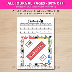 Wyzwanie oszczędzania Saveopoly – Strona dziennika do druku – Gra oszczędzania do druku – Śledzenie oszczędności – Cel oszczędzania – Gra budżetowa – Saveopoly