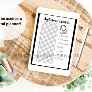 May include: A digital planner on a tablet, featuring an "Audiobook Tracker" with checkboxes for tracking listening time. The tablet is on a wooden surface with a white stylus. The text "Can be used as a digital planner!" is also visible.