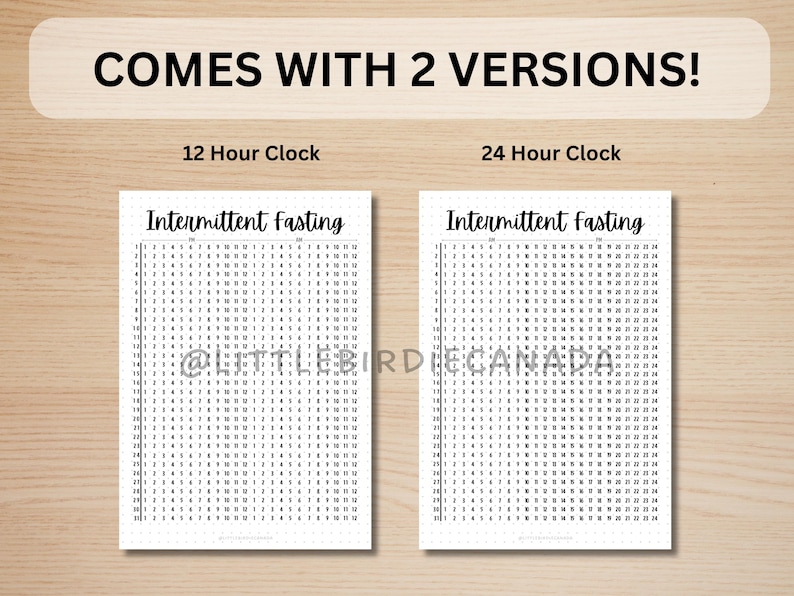 May include: Two printable versions of an intermittent fasting tracker. The first version uses a 12-hour clock and the second version uses a 24-hour clock.