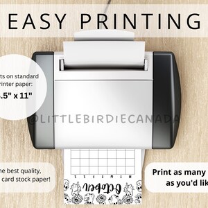 May include: A white printer printing a black and white October calendar page. The image includes the text "EASY PRINTING", "Prints on standard printer paper: 8.5" x 11"", and "Print as many times as you'd like!"