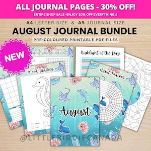 August Journal Bundle - Sea Creatures - PRINTABLE Journal Pages - PRE-COLOURED Pages - August Planner - August Agenda - Printable Planner