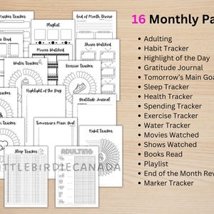 May include: A collection of 16 monthly pages for tracking habits, goals, and activities. The pages include trackers for adulting, sleep, health, spending, exercise, water intake, movies, shows, books, and more. The text "16 Monthly Pages" is visible.