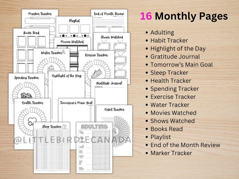 May include: A collection of 16 monthly pages for tracking habits, goals, and activities. The pages include trackers for adulting, sleep, health, spending, exercise, water intake, movies, shows, books, and more. The text "16 Monthly Pages" is visible.