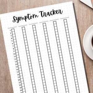 May include: A printable symptom tracker with a black and white design. The tracker has 25 numbered rows and 5 columns. The title "Symptom Tracker" is written in black cursive.