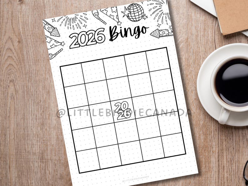 May include: A black and white 2026 Bingo game sheet with a grid of squares. The top of the sheet has festive illustrations of fireworks and party hats. The word "Bingo" is written in a script font.