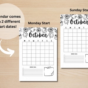 May include: Two printable October calendar pages with a Halloween theme. The top of each page features a border of ghosts, skulls, and flowers. The calendar is available in two formats: Monday start and Sunday start. Each page includes space for monthly goals and notes.