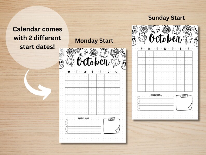 May include: Two printable October calendar pages with a Halloween theme. The top of each page features a border of ghosts, skulls, and flowers. The calendar is available in two formats: Monday start and Sunday start. Each page includes space for monthly goals and notes.