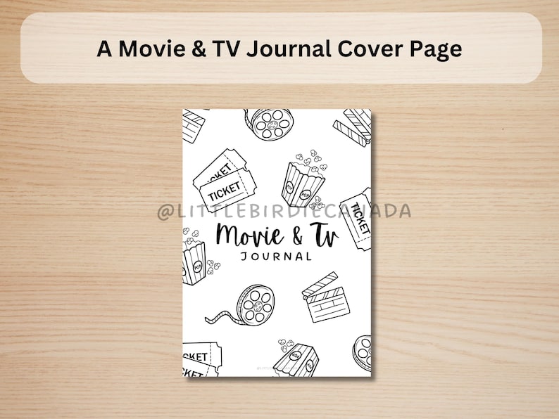 K&ouml;nnte beinhalten: Ein wei&szlig;es Journal-Cover mit einem schwarz-wei&szlig;en Filmthema. Das Cover zeigt Illustrationen von Popcorn, Filmrollen, Kinokarten und einer Filmklappe. Der Text "Movie & Tv Journal" ist mittig auf dem Cover platziert.