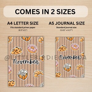 May include: Two journal covers with a brown knitted pattern and illustrations of baked goods. The larger cover is A4 letter size (8.5" x 11"), and the smaller is A5 journal size (5.83" x 8.27"). Both feature the word "November".