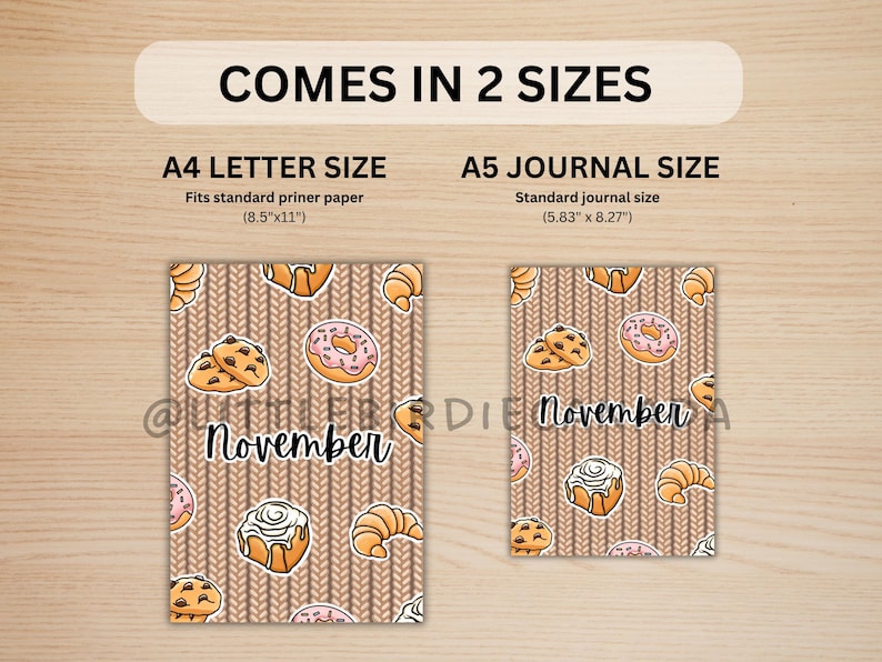 May include: Two journal covers with a brown knitted pattern and illustrations of baked goods. The larger cover is A4 letter size (8.5" x 11"), and the smaller is A5 journal size (5.83" x 8.27"). Both feature the word "November".