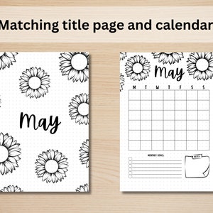 May include: Printable planner page with a black and white sunflower pattern and the word "May" in a handwritten font. The calendar page features a grid for each day of the month, a section for monthly goals, and a notes section.