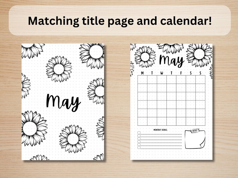 May include: Printable planner page with a black and white sunflower pattern and the word "May" in a handwritten font. The calendar page features a grid for each day of the month, a section for monthly goals, and a notes section.