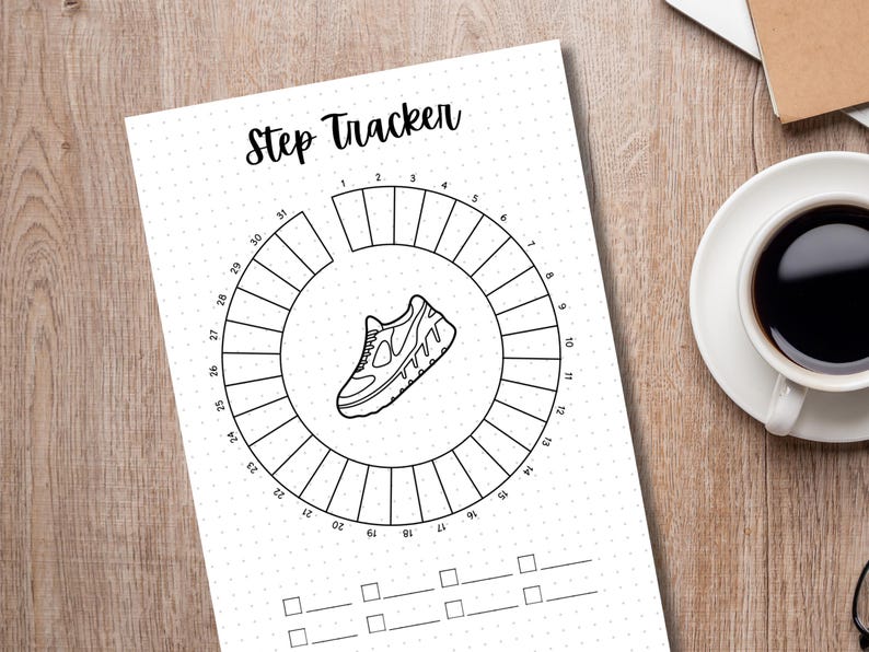 May include: A black and white printable step tracker with a circle divided into 31 sections. The center of the circle features a black and white illustration of a running shoe. The text "Step Tracker" is at the top of the page.