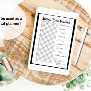May include: A black and white printable screen time tracker for a digital planner. The tracker has a grid with 31 days and a column for screen time usage. The options for screen time are under 1 hour, 1 hour, 2 hours, 3 hours, 4 hours, 5 hours, 6 hours, 7 hours, and 8 hours and up.
