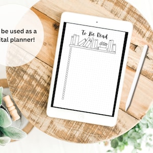 May include: A digital planner with a bookshelf design and the text "To Be Read" at the top. The planner is on a tablet with a white stylus next to it.