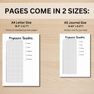 May include: Two printable migraine tracker pages in black and white. The pages are designed for use in a journal or planner. The larger page is 8.3 inches by 11.7 inches and the smaller page is 5.83 inches by 8.27 inches. The pages have a grid with checkboxes for tracking migraine severity: None, Mild, Medium, Strong, Severe.