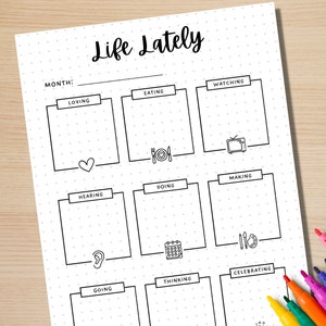 K&ouml;nnte beinhalten: Ein druckbarer schwarz-wei&szlig;er "Life Lately"-Tracker mit gepunkteten Linien und Symbolen. Der Tracker hat Bereiche f&uuml;r Lieben, Essen, Anschauen, H&ouml;ren, Tun, Machen, Gehen, Denken und Feiern.